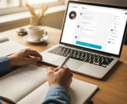 Illustration de l'agentivité humaine montrant une personne écrivant à la main tout en utilisant l'IA comme outil secondaire dans l'éducation