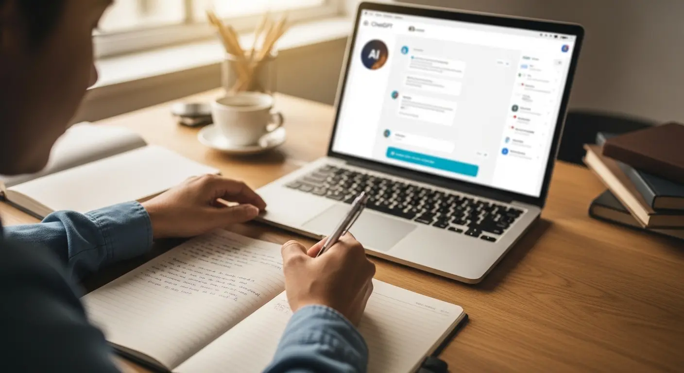 Illustration de l'agentivité humaine montrant une personne écrivant à la main tout en utilisant l'IA comme outil secondaire dans l'éducation