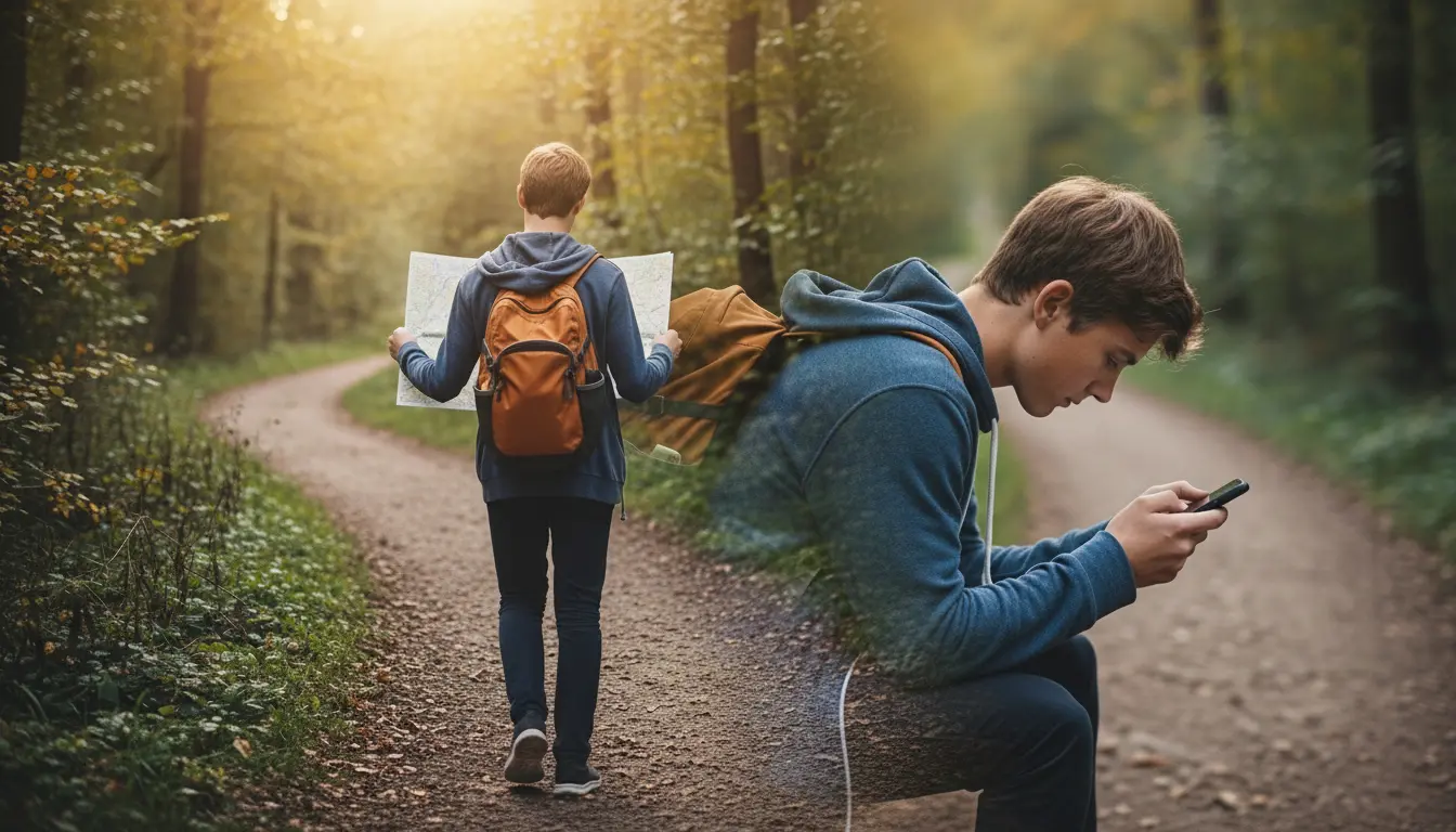 Deux adolescents marchant en for&ecirc;t en fondu, l'un avec une carte papier autonome et l'autre suivant un GPS smartphone illustrant la perte d'agentivit&eacute; caus&eacute;e par la spoliation cognitive