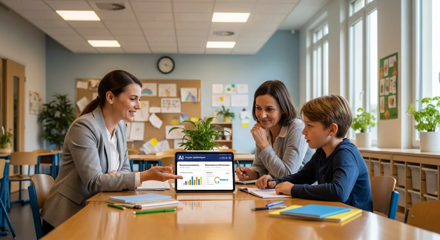 Professeur et parent aidant enfant avec ChatGPT pour faire les devoirs