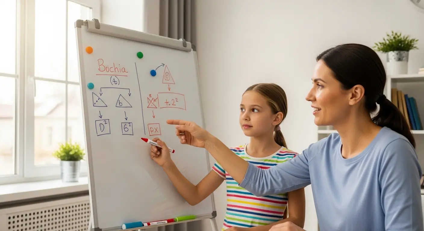Parent expliquant la litt&eacute;ratie IA &agrave; son enfant devant un tableau blanc