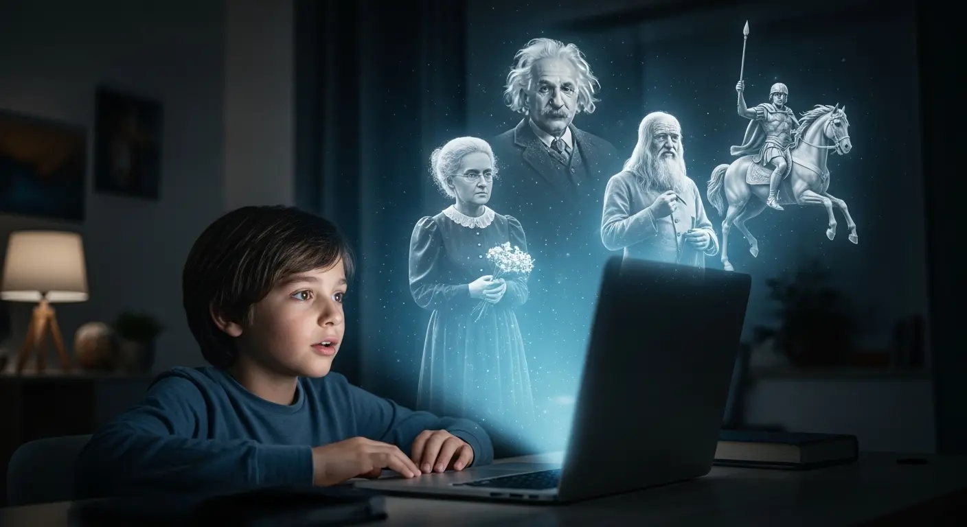 Enfant devant son ordinateur d'o&ugrave; &eacute;mergent des hologrammes de personnages historiques illustrant la puissance de l'apprentissage par IA