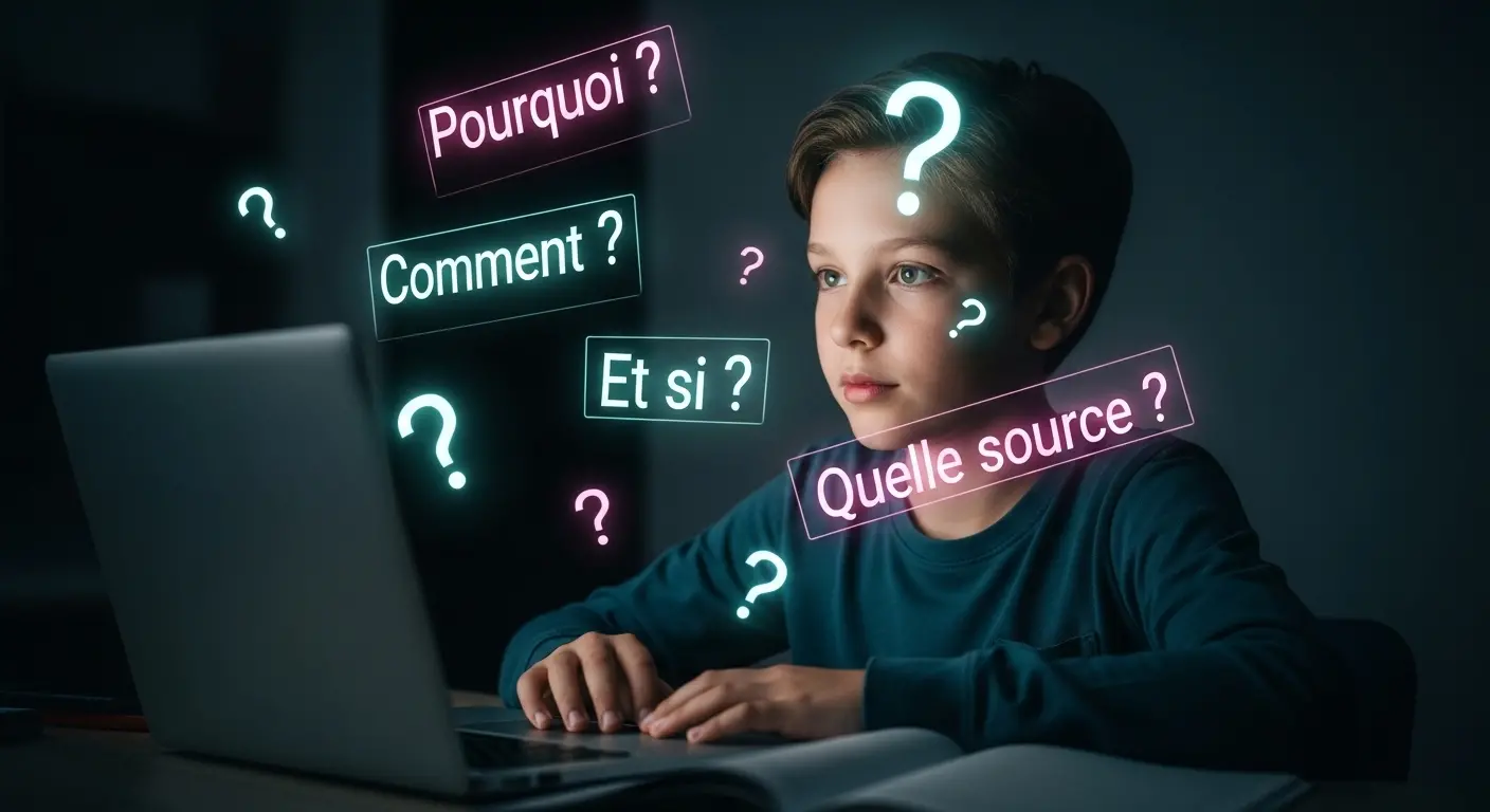 Questionnement socratique : Enfant en pleine r&eacute;flexion devant un &eacute;cran montrant un tuteur intelligent IA