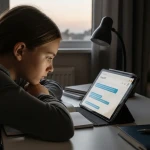 Enfant concentré sur sa tablette utilisant l'IA pour faire ses devoirs illustrant la spoliation cognitive
