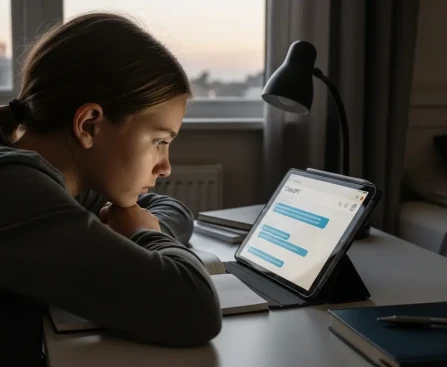 Enfant concentré sur sa tablette utilisant l'IA pour faire ses devoirs illustrant la spoliation cognitive