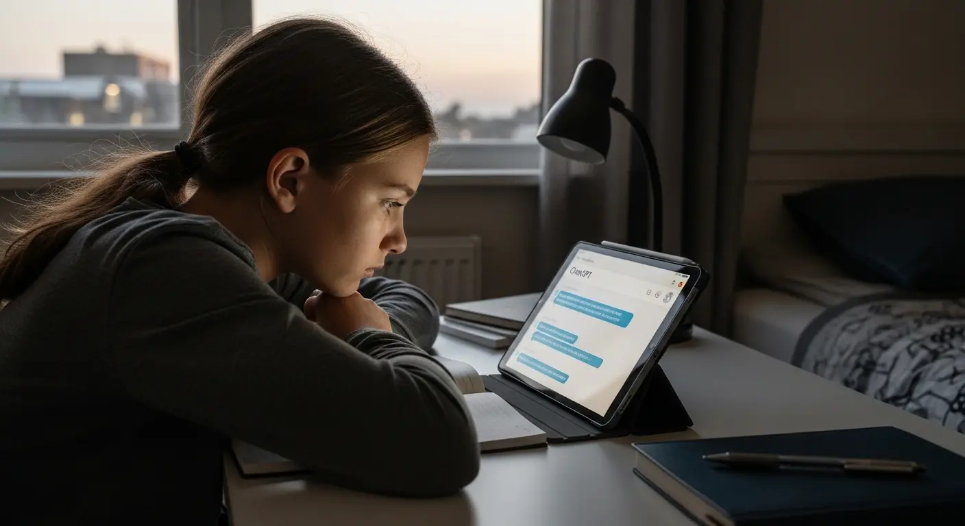 Enfant concentré sur sa tablette utilisant l'IA pour faire ses devoirs illustrant la spoliation cognitive