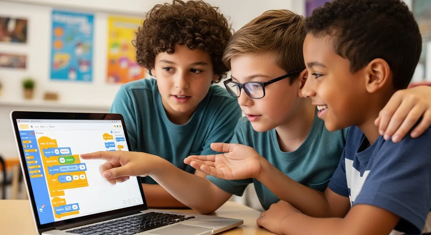 Enfants apprenant le codage avec Scratch et outils IA &eacute;ducatifs gratuits