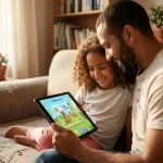 Parent et enfant utilisant Lalilo sur une tablette pour apprendre à lire