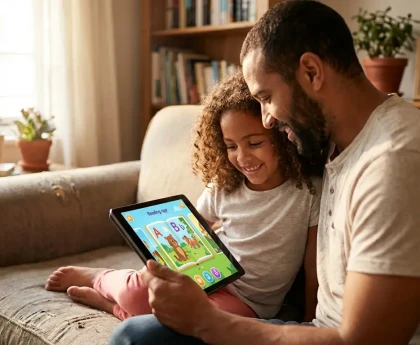 Parent et enfant utilisant Lalilo sur une tablette pour apprendre à lire