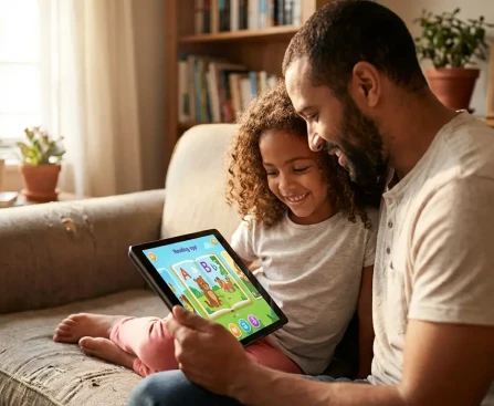 Parent et enfant utilisant Lalilo sur une tablette pour apprendre à lire