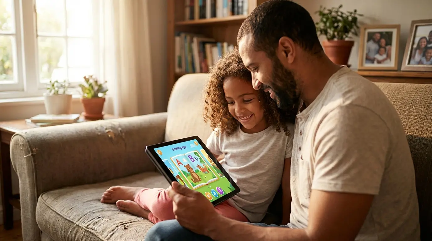 Parent et enfant utilisant Lalilo sur une tablette pour apprendre à lire