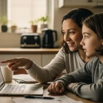 Parent et enfant regardant ensemble un écran affichant une interface d'IA — littératie IA en famille