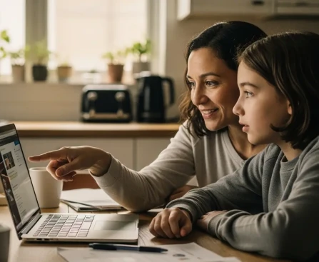 Parent et enfant regardant ensemble un écran affichant une interface d'IA — littératie IA en famille