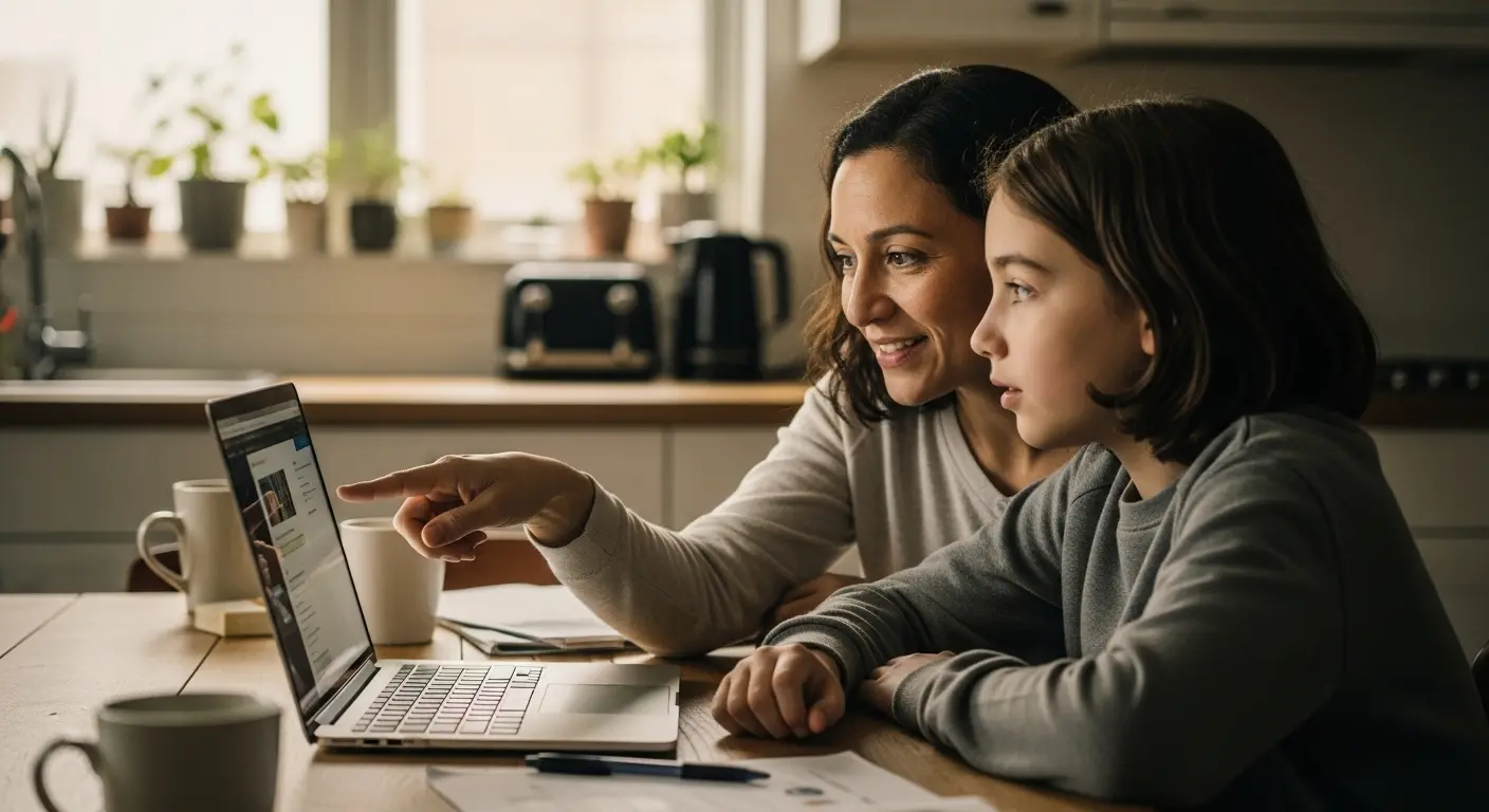 Parent et enfant regardant ensemble un écran affichant une interface d'IA — littératie IA en famille