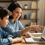 Un parent et son enfant de 10 ans assis ensemble devant un ordinateur, le parent montrant à l'enfant comment poser des questions à une IA éducative, à rédiger un prompt pour apprendre