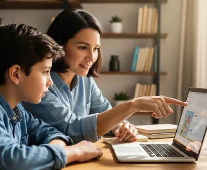 Un parent et son enfant de 10 ans assis ensemble devant un ordinateur, le parent montrant à l'enfant comment poser des questions à une IA éducative, à rédiger un prompt pour apprendre