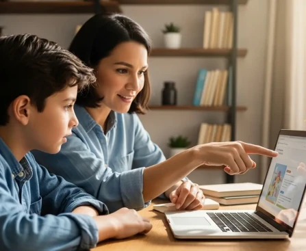 Un parent et son enfant de 10 ans assis ensemble devant un ordinateur, le parent montrant à l'enfant comment poser des questions à une IA éducative, à rédiger un prompt pour apprendre