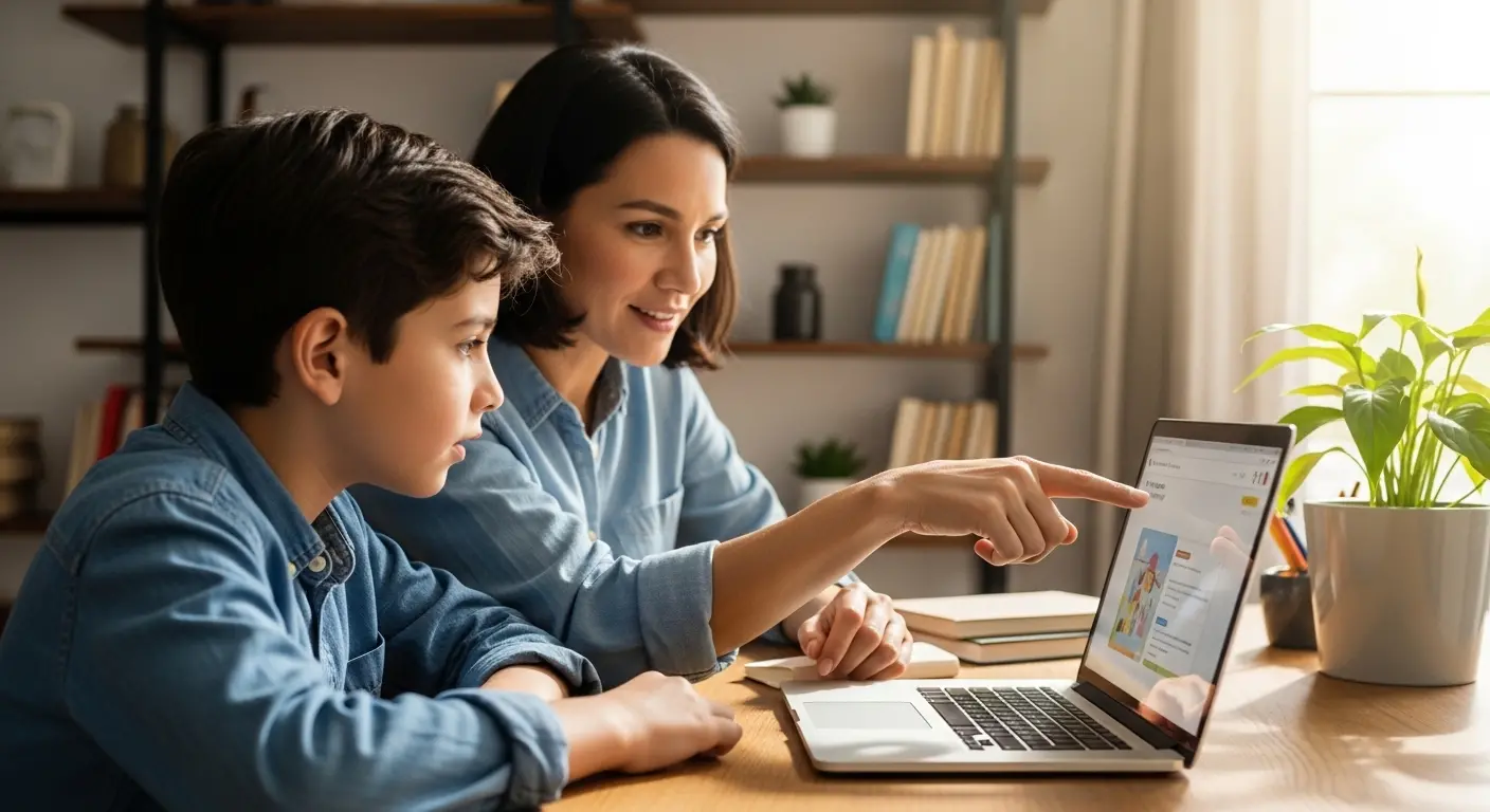 Un parent et son enfant de 10 ans assis ensemble devant un ordinateur, le parent montrant à l'enfant comment poser des questions à une IA éducative, à rédiger un prompt pour apprendre