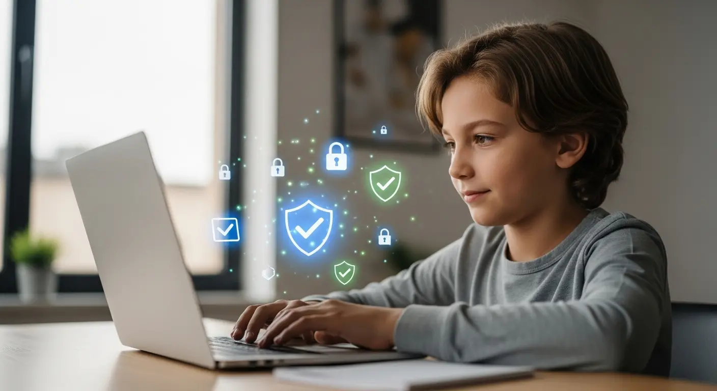 Repr&eacute;sentation symbolique de la protection de la vie priv&eacute;e avec un cadenas et un bouclier prot&eacute;geant les informations personnelles d'un enfant utilisant l'IA