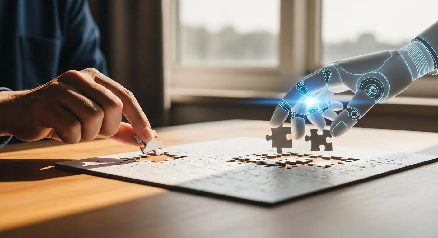 Main humaine assemblant un puzzle pi&egrave;ce par pi&egrave;ce face &agrave; une main robotique compl&eacute;tant instantan&eacute;ment plusieurs pi&egrave;ces illustrant la spoliation cognitive