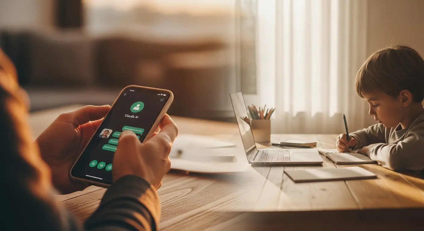 Parent supervisant depuis son smartphone le travail de son enfant sur Claude AI avec le skill Claude devoirs