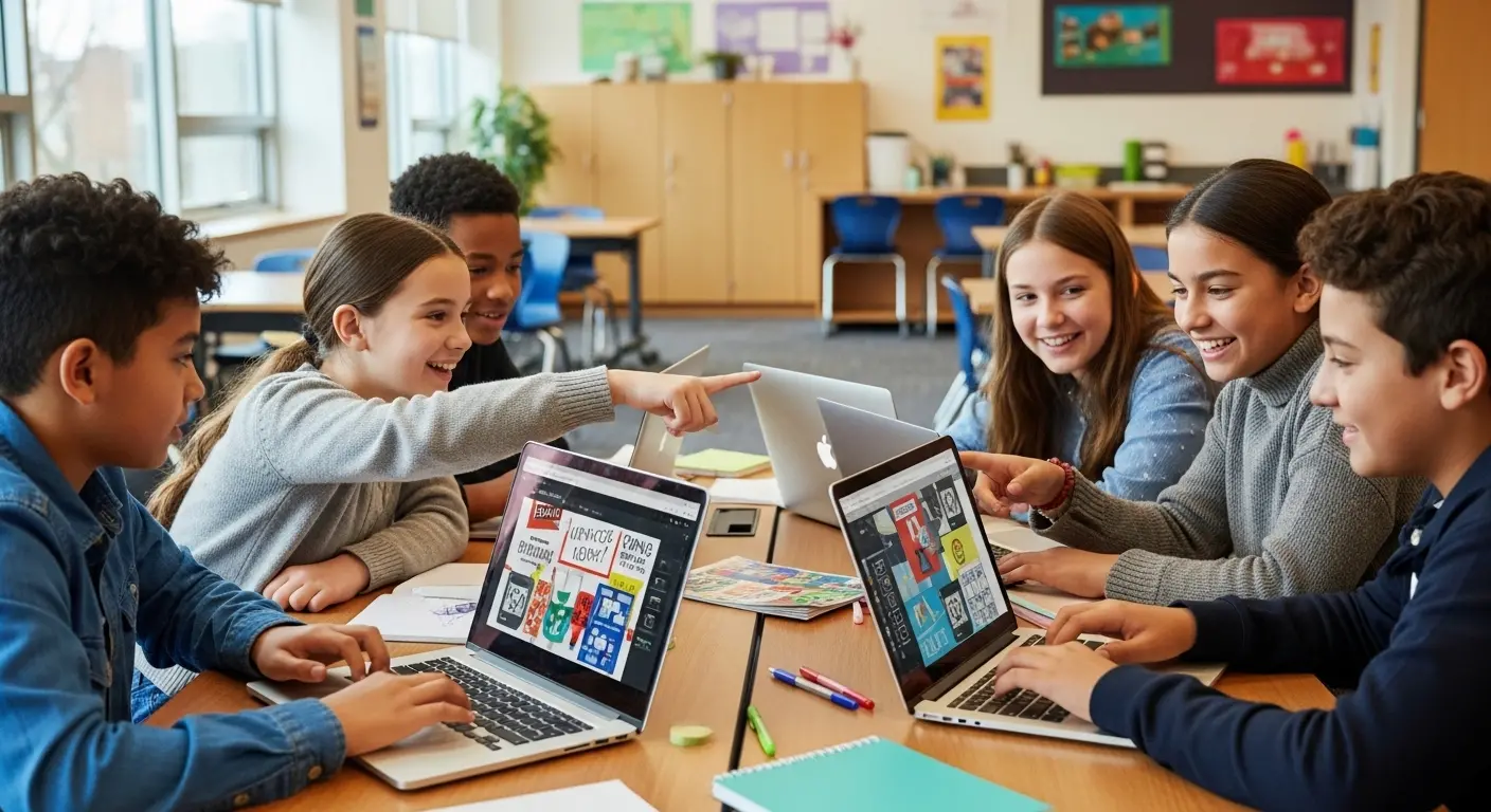 Des &eacute;l&egrave;ves collaborent sur Canva &eacute;ducation pour cr&eacute;er un projet visuel en classe Suggestion visuelle : Groupe d'&eacute;l&egrave;ves autour d'une table, certains sur ordinateur portables, cr&eacute;ant un projet visuel color&eacute;, ambiance classe moderne