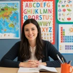 Un enseignant utilise Canva éducation pour préparer une présentation de cours Suggestion visuelle : Un professeur souriant devant un grand écran affichant des modèles colorés sur l'interface Canva, salle de classe lumineuse en arrière-plan