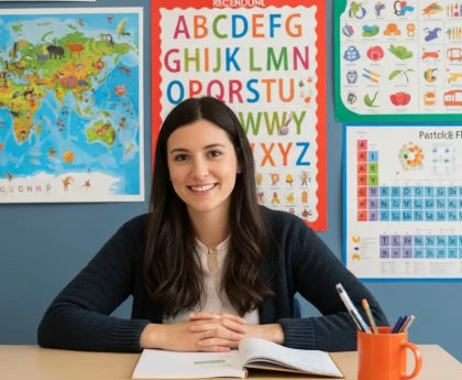 Un enseignant utilise Canva éducation pour préparer une présentation de cours Suggestion visuelle : Un professeur souriant devant un grand écran affichant des modèles colorés sur l'interface Canva, salle de classe lumineuse en arrière-plan