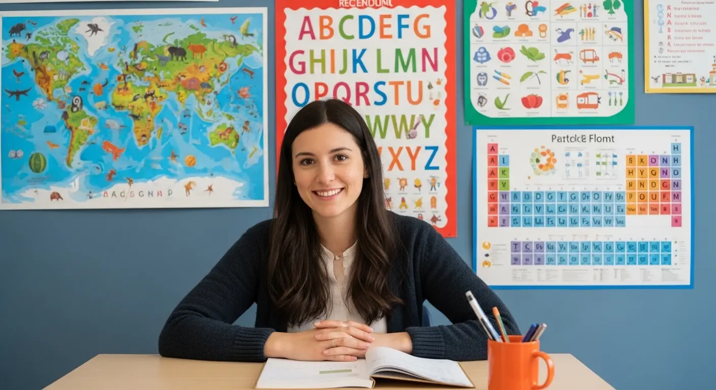 Un enseignant utilise Canva éducation pour préparer une présentation de cours Suggestion visuelle : Un professeur souriant devant un grand écran affichant des modèles colorés sur l'interface Canva, salle de classe lumineuse en arrière-plan