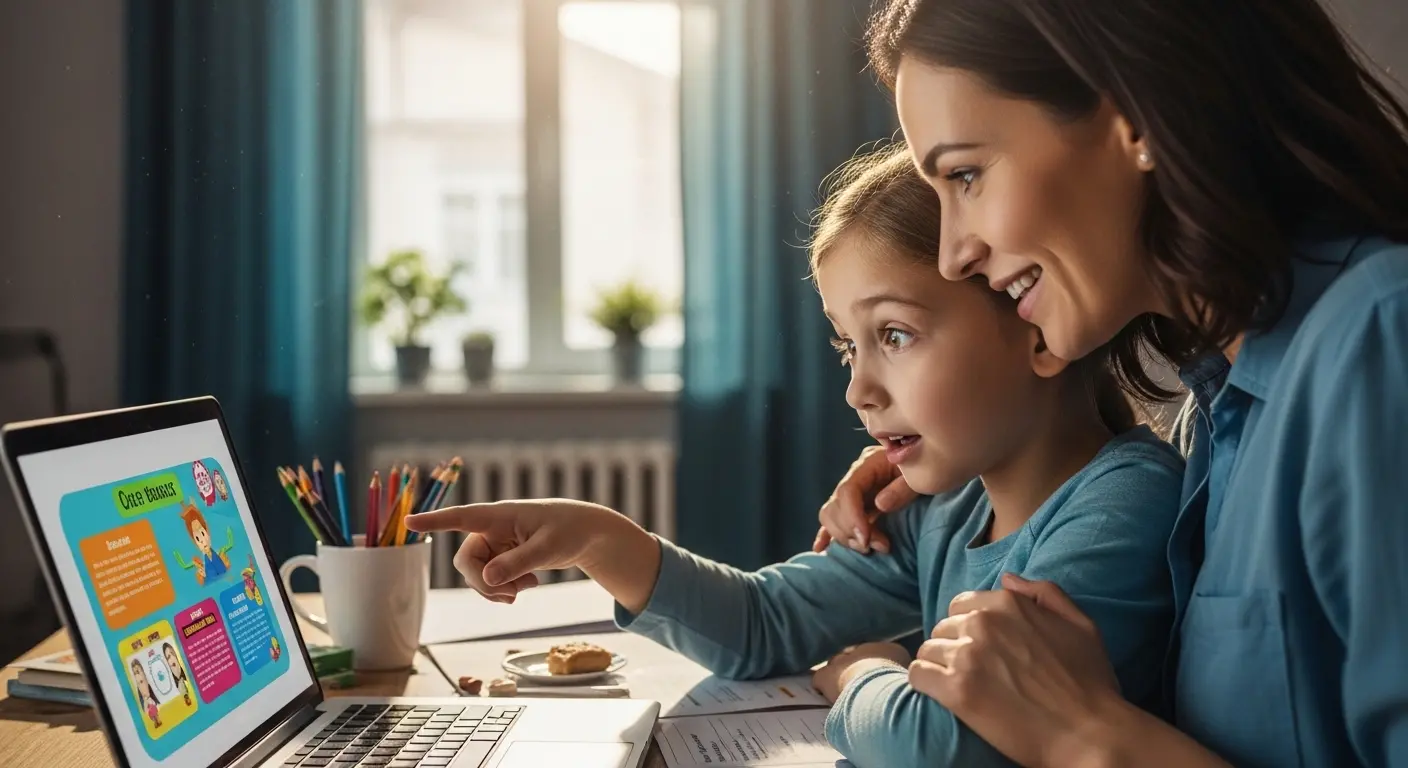 Une m&egrave;re et son enfant regardent ensemble une pr&eacute;sentation cr&eacute;&eacute;e sur Canva &eacute;ducation