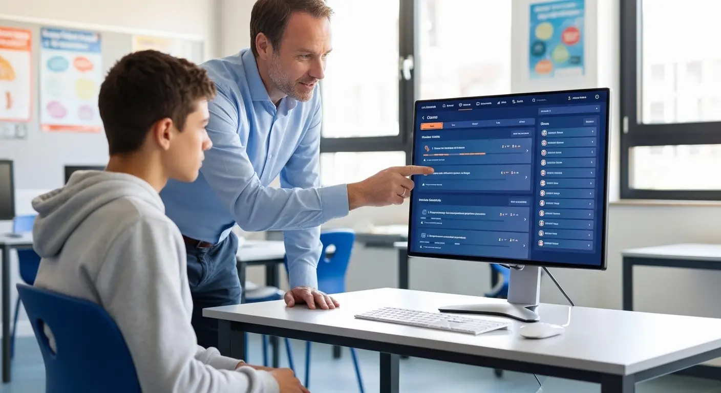 Enseignant accompagnant un &eacute;l&egrave;ve de seconde sur ordinateur de bureau utilisant la plateforme MIA Seconde pour des exercices de rem&eacute;diation