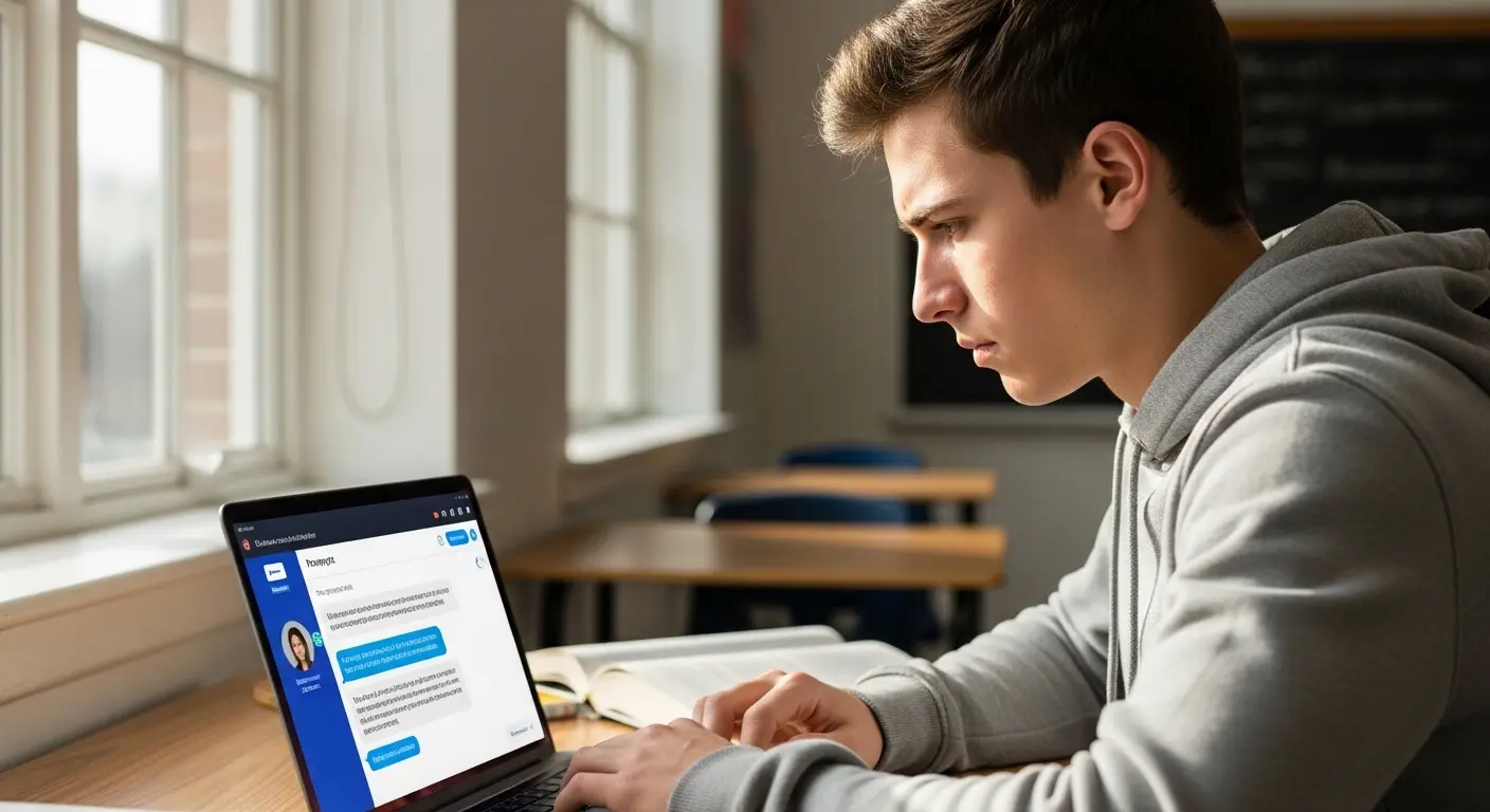 Un élève face à un écran d'IA pendant une évaluation scolaire