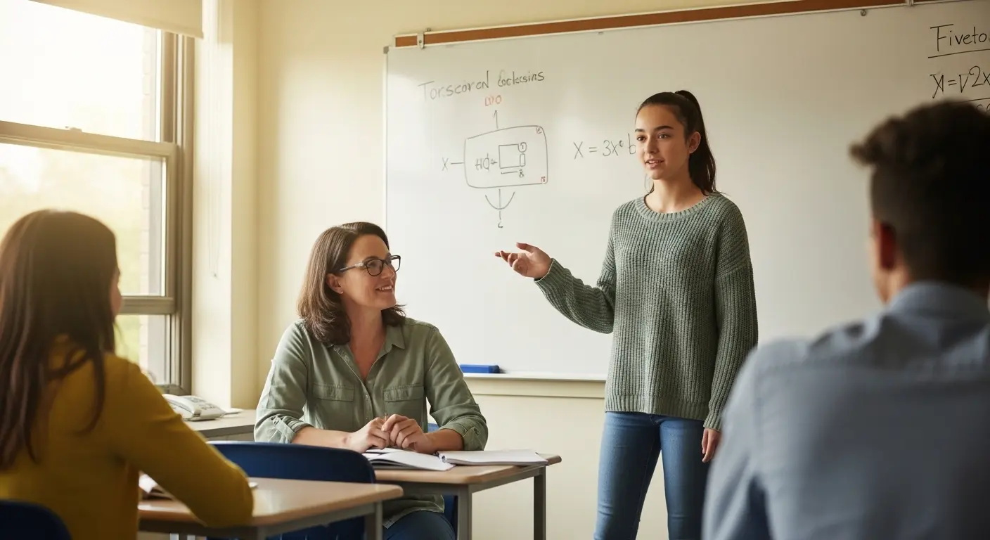 Un professeur &eacute;coutant un &eacute;l&egrave;ve lors d'une &eacute;valuation scolaire orale