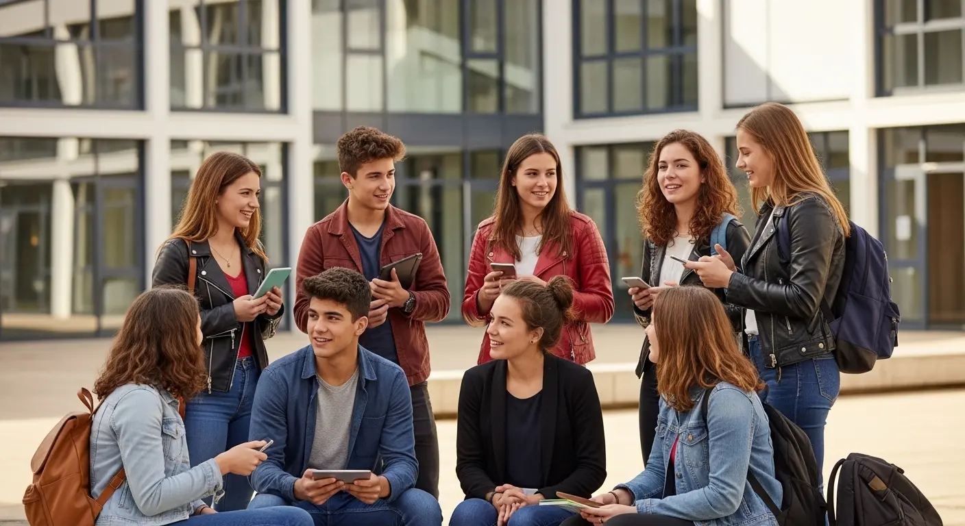 Groupe de lyc&eacute;ens de seconde dans une cour de lyc&eacute;e fran&ccedil;aise discutant avec leurs smartphones et sacs &agrave; dos
