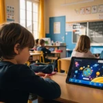 Interface de Smart Enseigno sur une tablette utilisée en classe de CP avec un élève