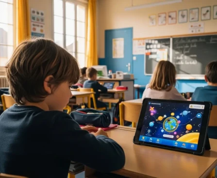 Interface de Smart Enseigno sur une tablette utilisée en classe de CP avec un élève