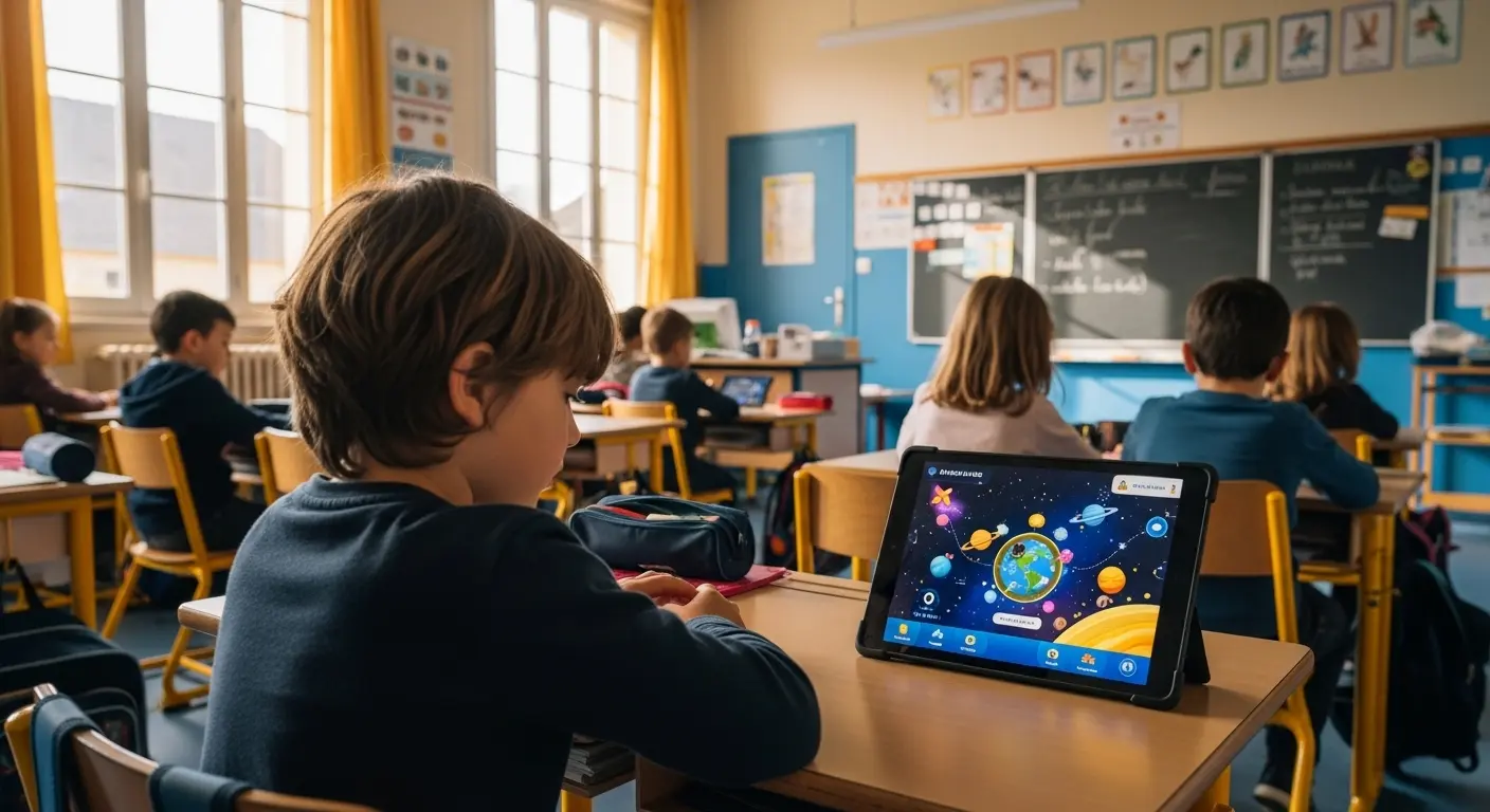 Interface de Smart Enseigno sur une tablette utilisée en classe de CP avec un élève