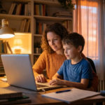 Parent et enfant discutant de l'usage de l'IA et devoirs à la maison