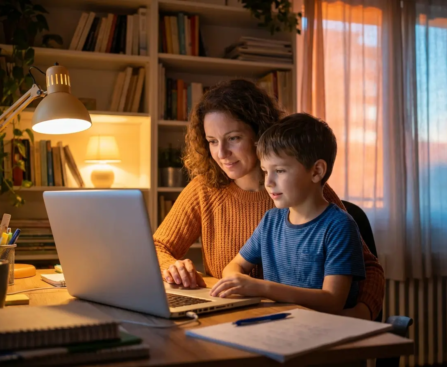 Parent et enfant discutant de l'usage de l'IA et devoirs à la maison