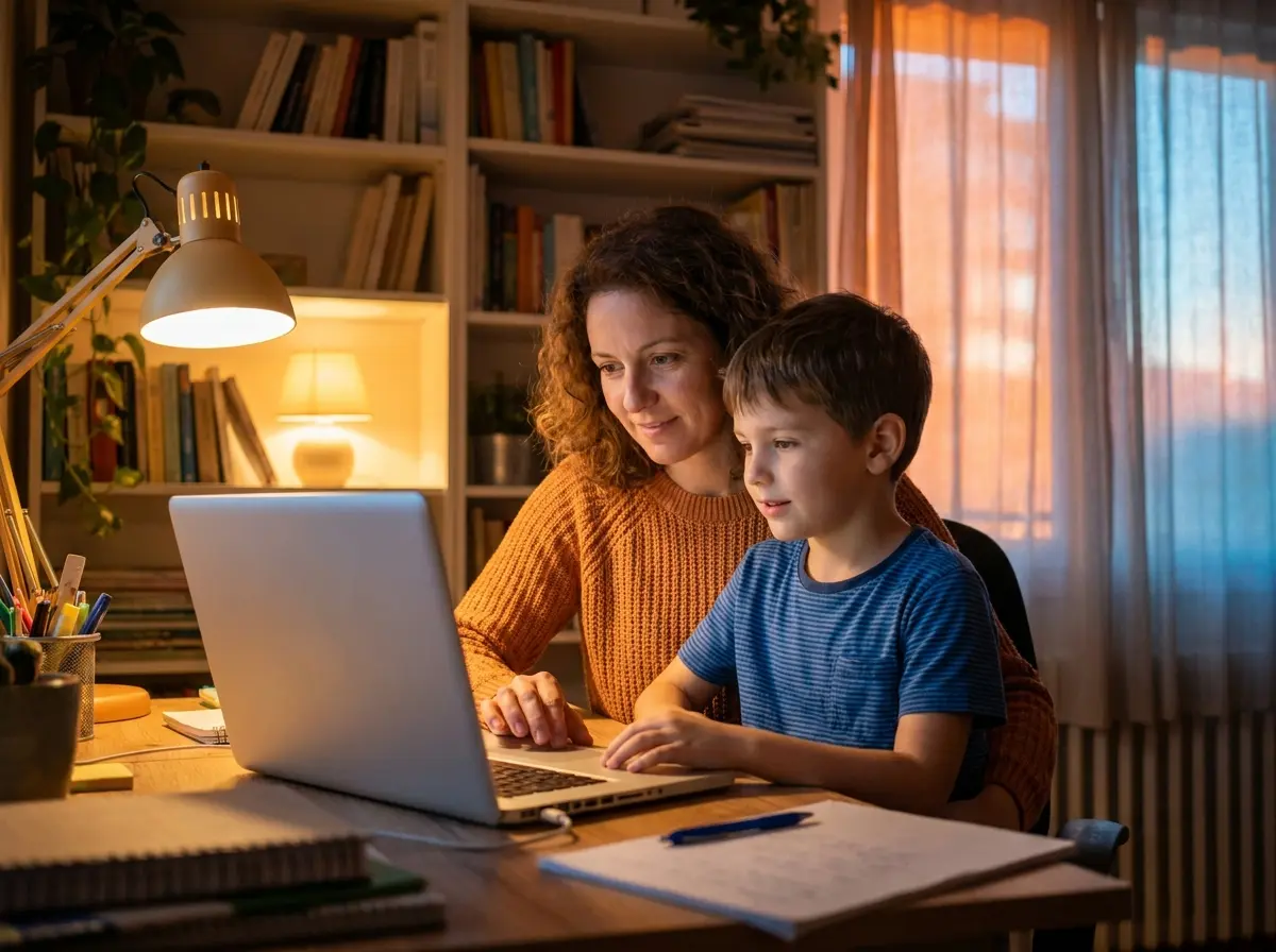 Parent et enfant discutant de l'usage de l'IA et devoirs à la maison